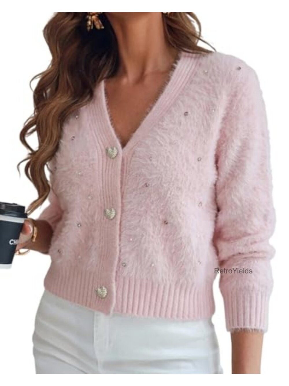 Fuzzy Knit Rhinestone V-Neck Cropped Cardigan Sweater
